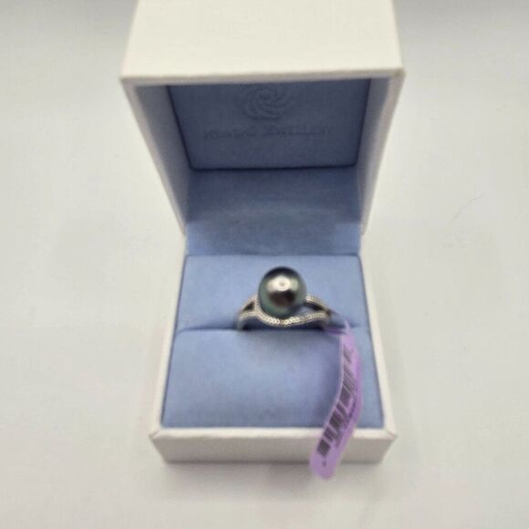 New Gray Tahitian Pearl Sterling Silver Rind Size 7 Diamond Accent 10mm - Picture 6 of 10